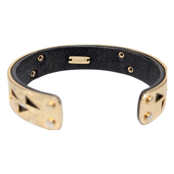 Vtg Stella Dot Addison Cuff Bracelet Gold Tone Black Leather Geometric Cutout - Picture 5 of 9